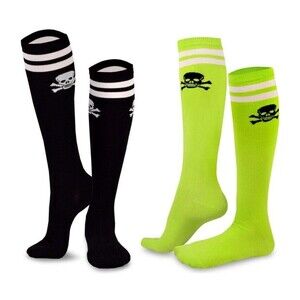 TeeHee Novelty Women's Socks 2 Pairs Knee High Skulls Bones ,Black & Green New